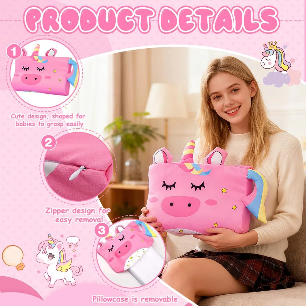 Cuscino Schlummerkids, Cuscini per Dormire, 45 * 27 * 6 cm Cuscino Originale con simpatici animali per bambini, Cuscini Ergonomico per Viaggio, Ufficio, Casa(Unicorno)