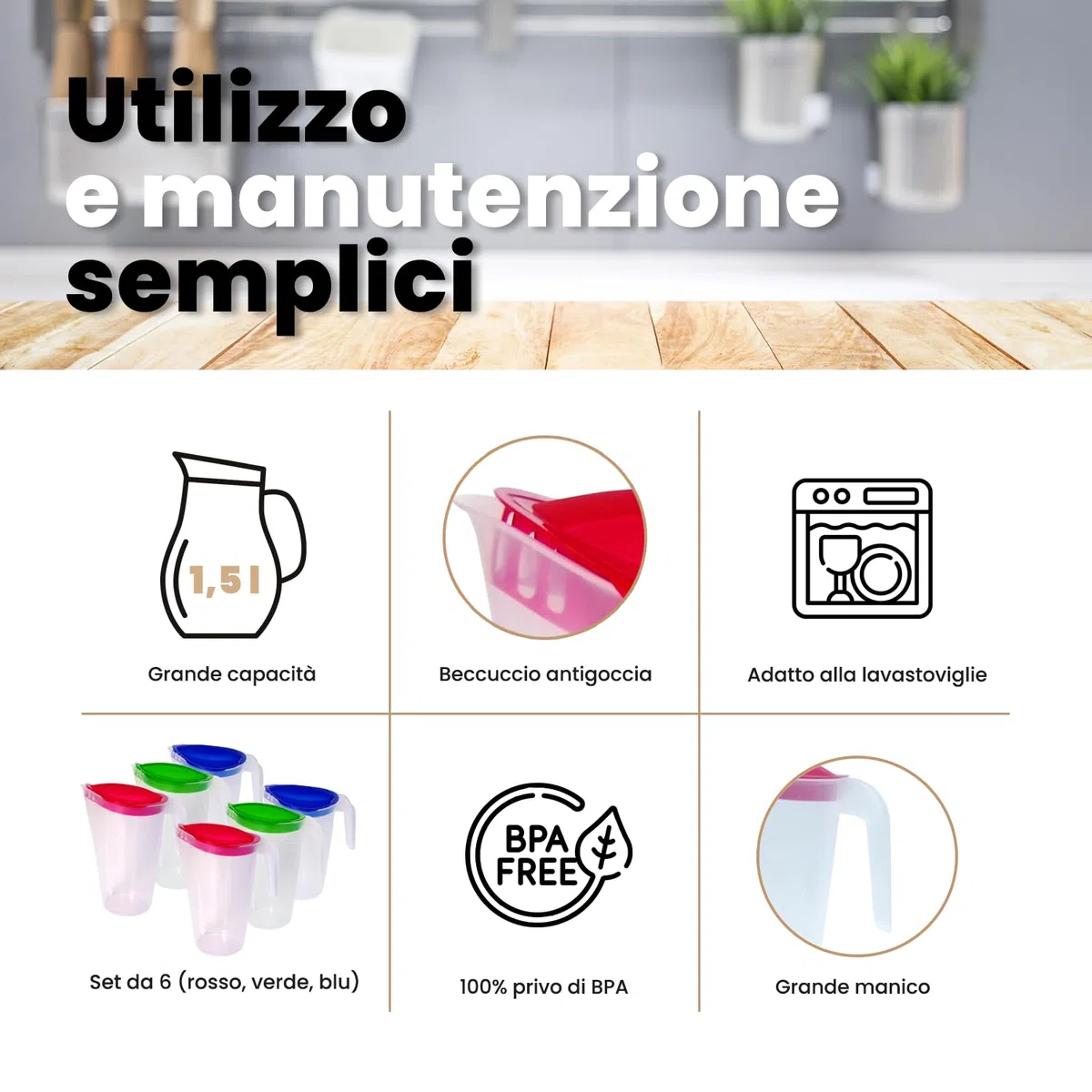Home Line brocca per succo 1,75 L – Bricco per acqua con coperchio fisso – Bricco per bevande con antigoccia esterno – Caraffa per acqua per frigorifero – Dispenser di succo. 6er Set (Blau, Grün, Rot)