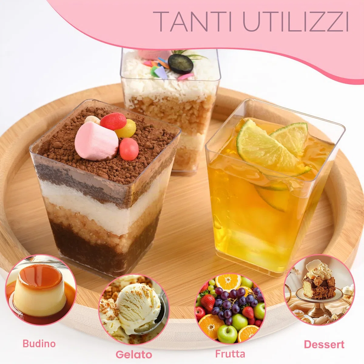 Set di 40 Pezzi Tazze Bicchieri da Dessert con Cucchiai Plastica, 160 ml/5oz Coppette Gelato Riutilizzabili, Bicchierini Monoporzione Dolci, Bicchierini Finger Food Trasparenti per Feste e Compleanni