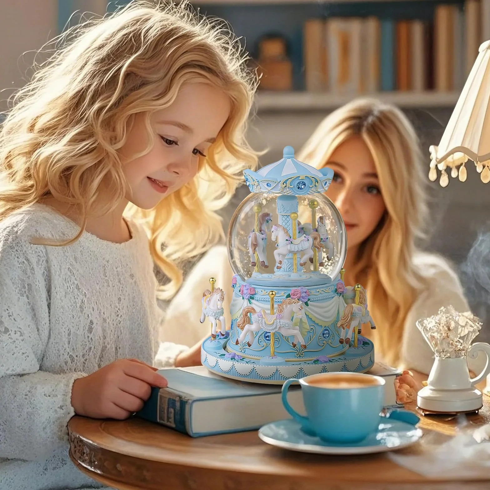 Carillon con carillon a forma di giostra, regalo di compleanno per ragazze, con carosello blu, palla di neve con cavallo, moglie, fidanzata, figlia, mamma, figlio, anniversario, festa della mamma, con
