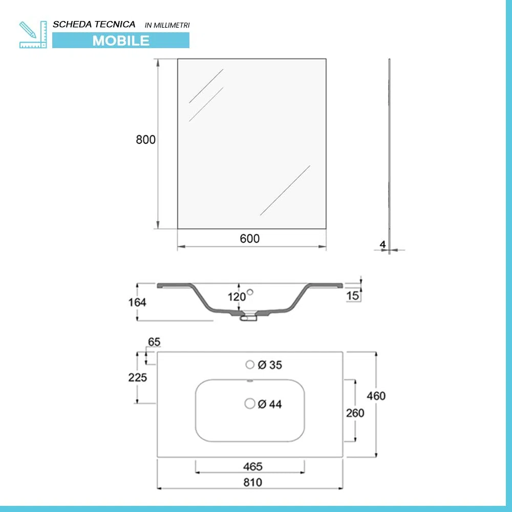 Mobile Bagno A Terra Da 80 Cm In Legno Bianco Lucido E Rovere Linea Brillo Con 2 Cassetti Dalla Chiusura Soft-Close, Completo Di Lavabo E Specchio