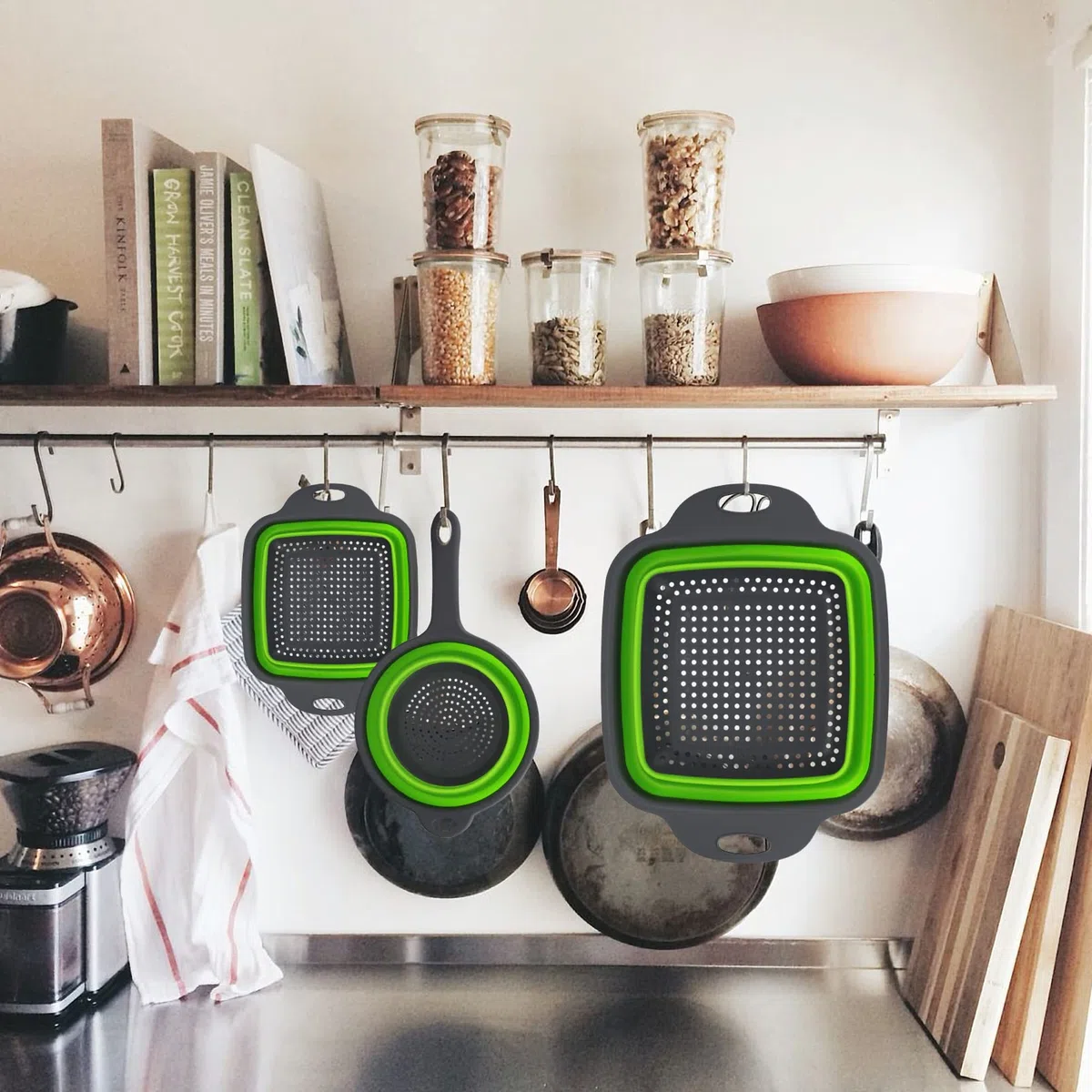 3 Pz Set Scolapasta Silicone Pieghevole, Filtro Cestino Cucina in Silicone con Manico, Filtro Colander Setacci Pieghevole per Drenante Frutta Verdura Pasta, Cucina, Domestica, Campeggio - Verde