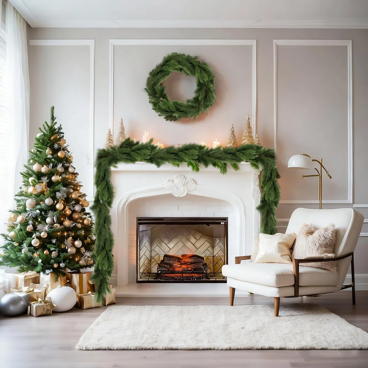 Ghirlanda Natalizia 180cm/5.91ft, Ghirlanda di Pino Artificiale con 136 Rami Verde Abete, Festone di Pino Natalizio, Decorazione Natalizia per Esterno ed Interni, Scale, Porta, Camino (180CM)