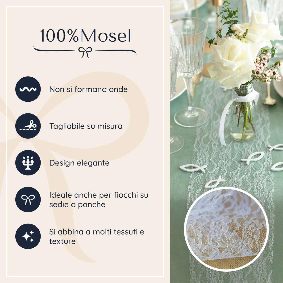 100%Mosel Runner da tavola in pizzo bianco puro (15 cm x 25 m) delicato runner da tavola in pizzo, elegante decorazione da tavola per matrimoni e battesimi, decorazione per feste e occasioni speciali