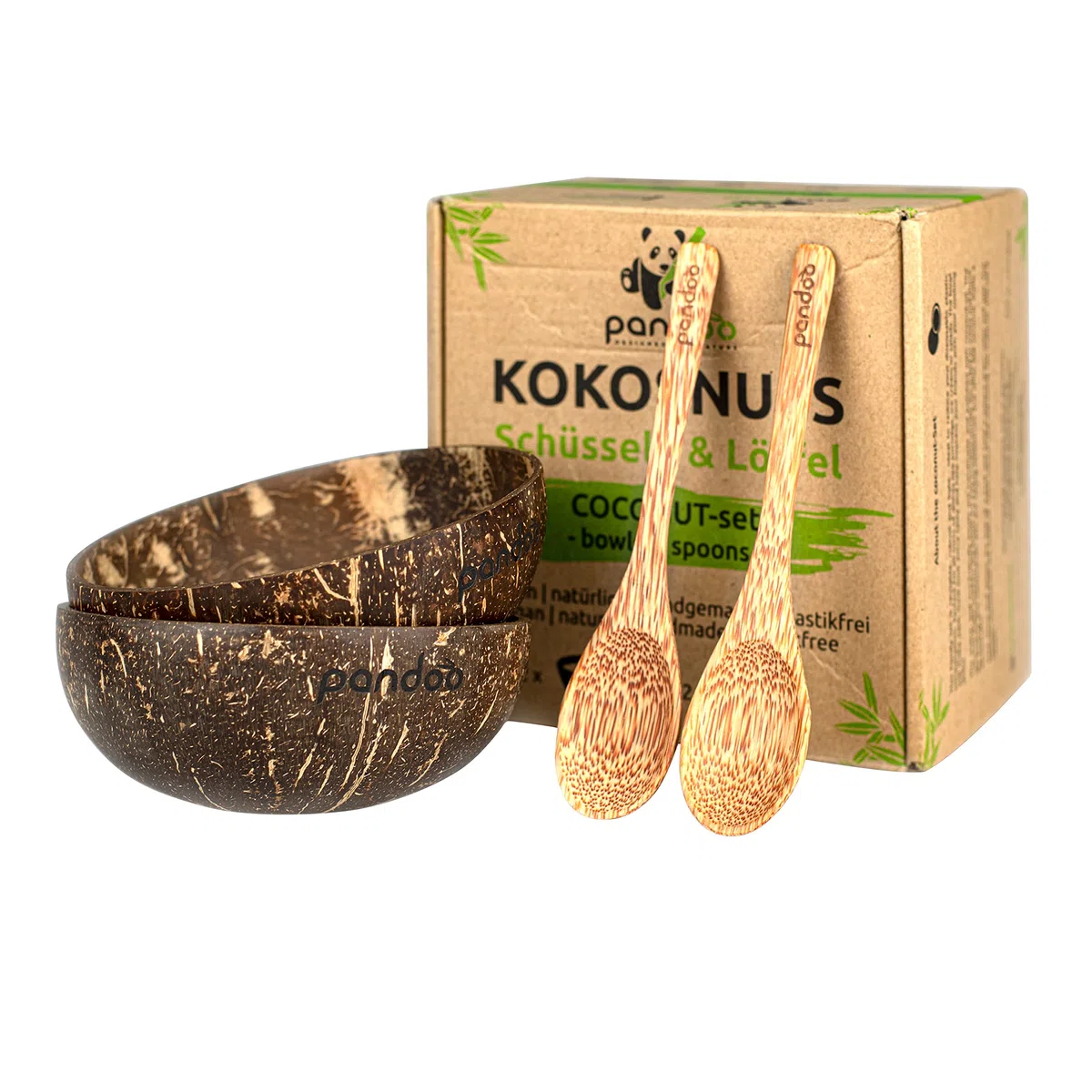 pandoo Set di 2 ciotole in noce di cocco con cucchiai, 100% prodotto naturale, ottima alternativa alla plastica, realizzato a mano e lucidato con olio di cocco