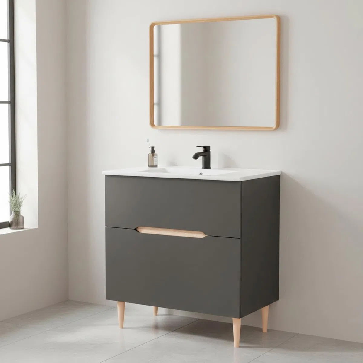 Arreditaly Mobile Bagno A Terra Con Lavabo In Ceramica E Specchio Inclusi 1 Cassetto Soft Close E 1 Anta A Vasistas Design Moderno Salvaspazio 80 x 45 x 80 Cm Colore Grigio Antracite E Rovere