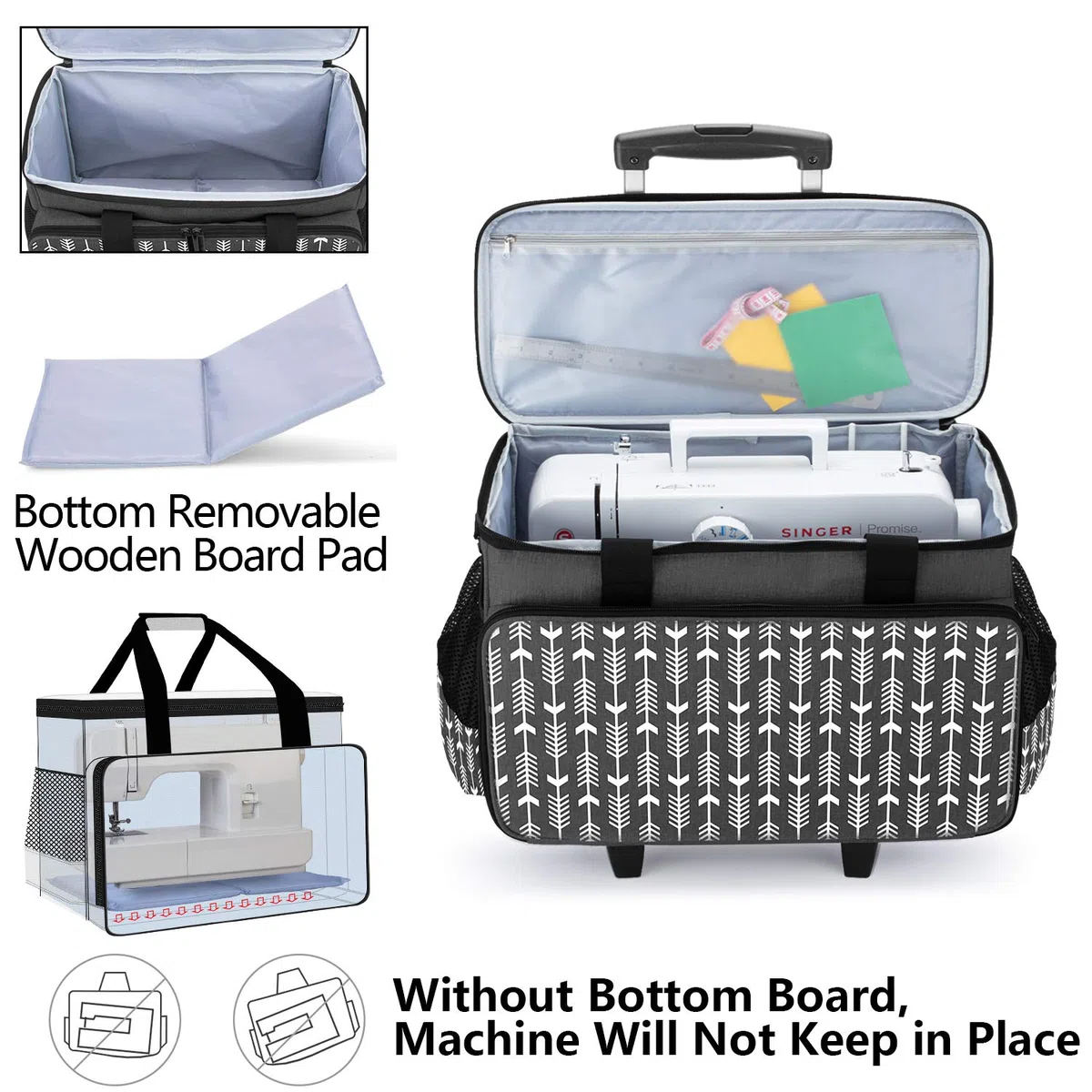 Yarwo Staccabile Borsa Trolley per Macchina da Cucire, Borsa per Macchina da Cucire con Tavola di Legno per Sostenere Il Fondo, Adatto per la Maggior Parte delle Macchine da Cucire Universali