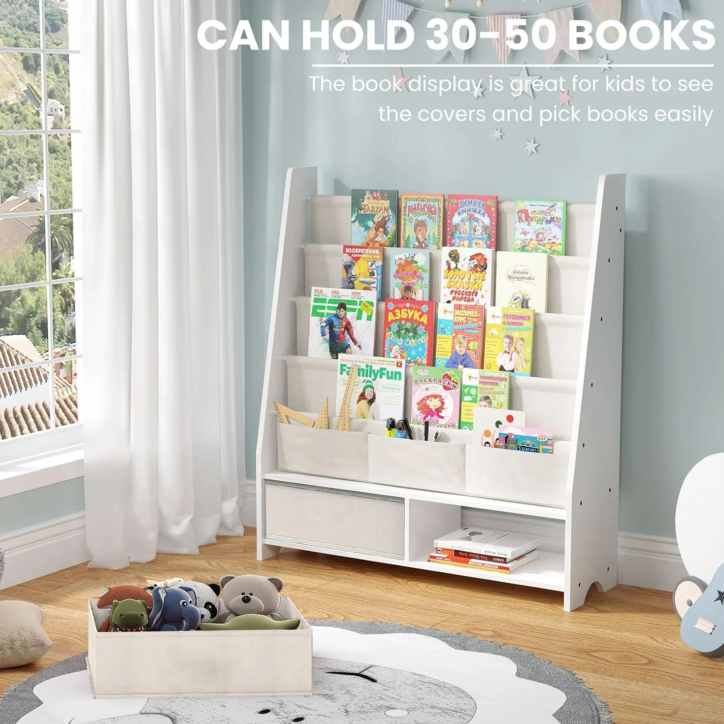 HEYOUTH Scaffale Libri Montessori in Legno Massello con 2 Contenitori e 4 Ripiani Aperti - Mobile Bambini, Libreria con Anti-Ribaltamento 86x70x28cm