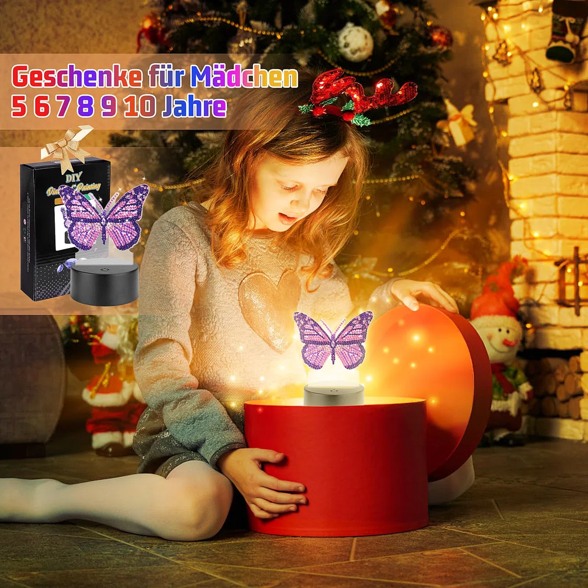 Homgaty Diamond Painting Kit Completo con Luce Notturna Bambini, Giochi Creativi per Bambine 5-12 Anni, 16 Colori LED Regolabile, Regalo per Natale/Compleanno Tanti Disegni (Farfalla Viola)