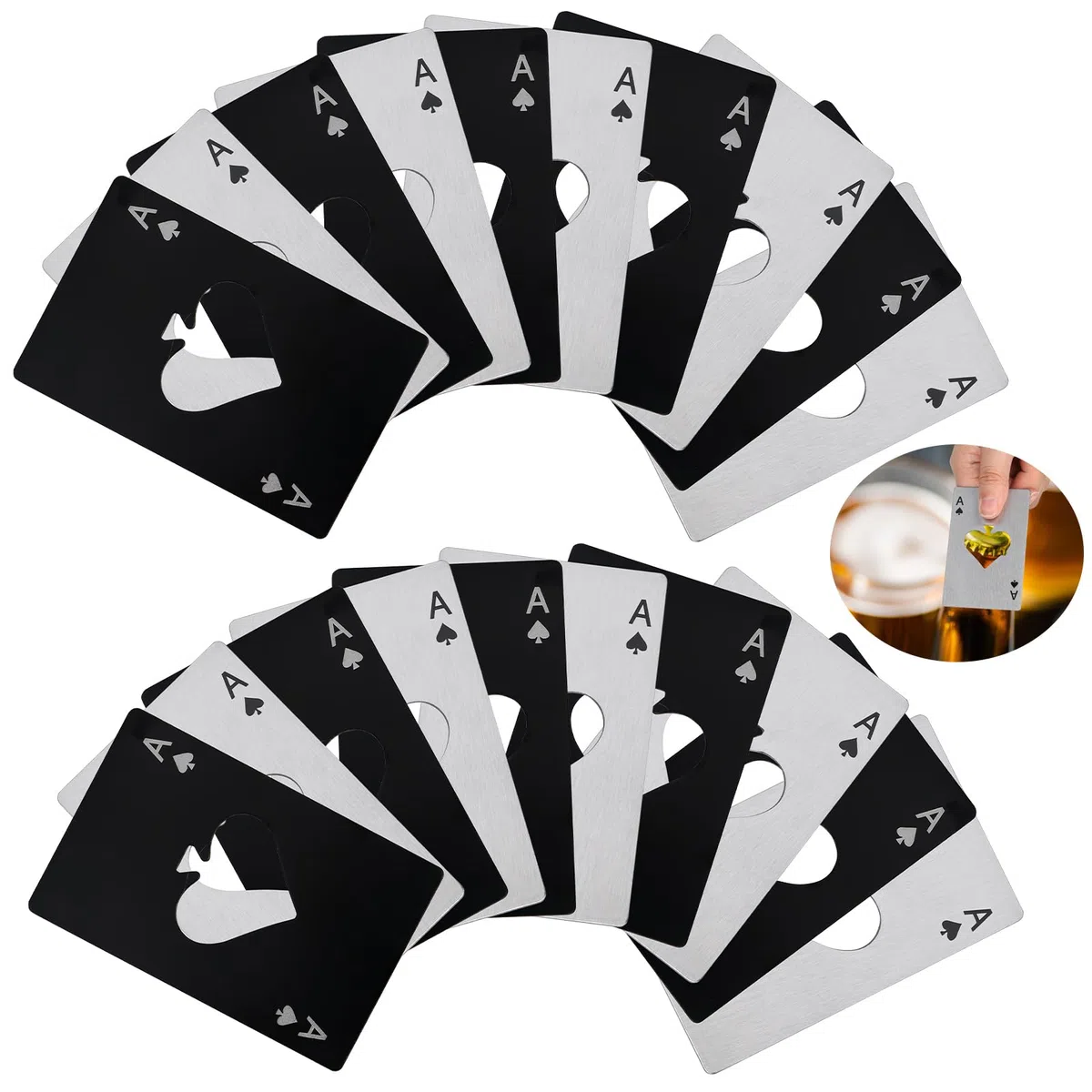 set di 20 apribottiglie, divertente apribottiglie da poker, apribottiglie in acciaio inox personalizzato per birra, soda, 10 argento e 10 nero