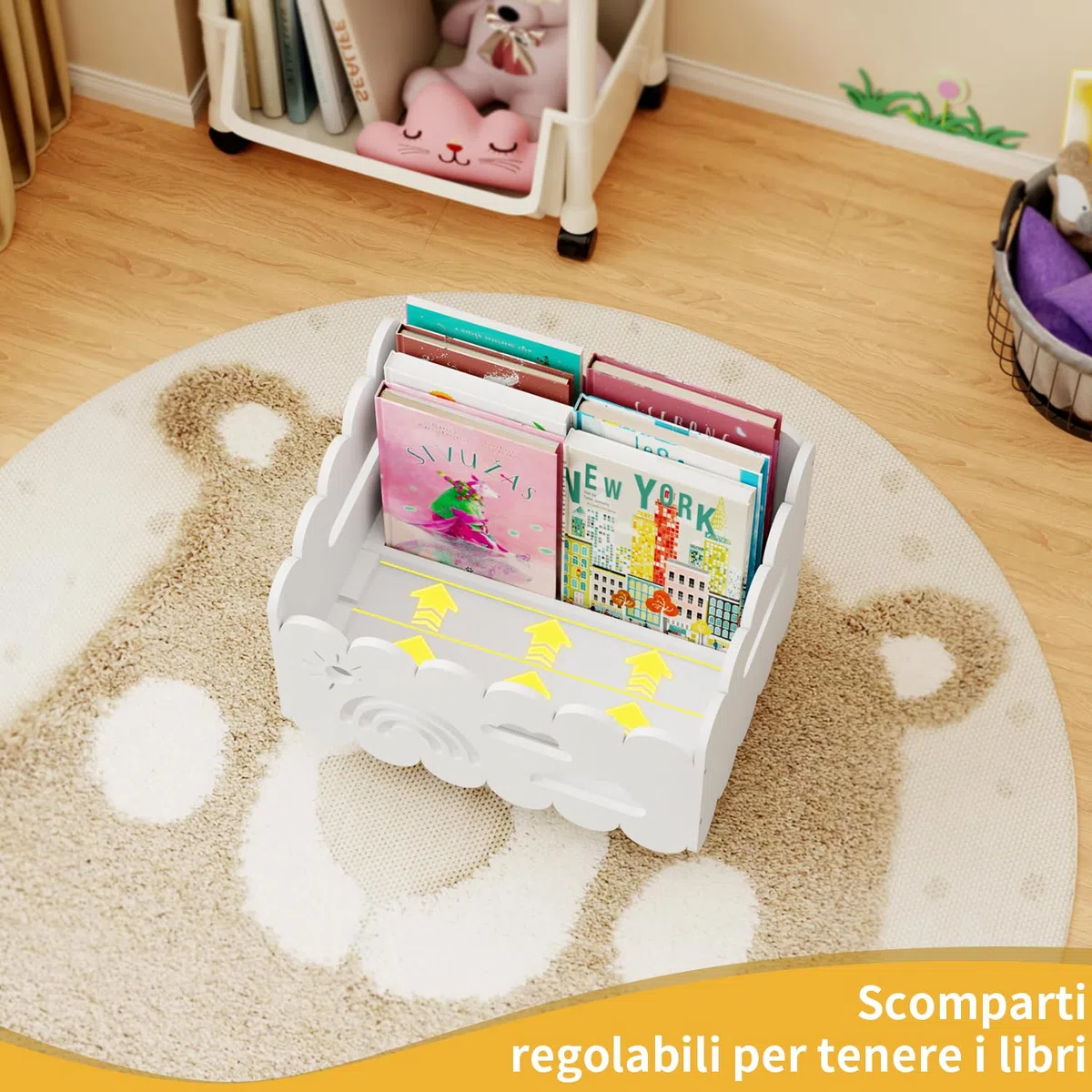 Libreria Montessoriana per Bambini Legno, Porta Libri Contenitore Giochi da Terra, per Cameretta Bambini e Stanza dei Giochi, Scatola Porta Oggetti, Espositore Libri