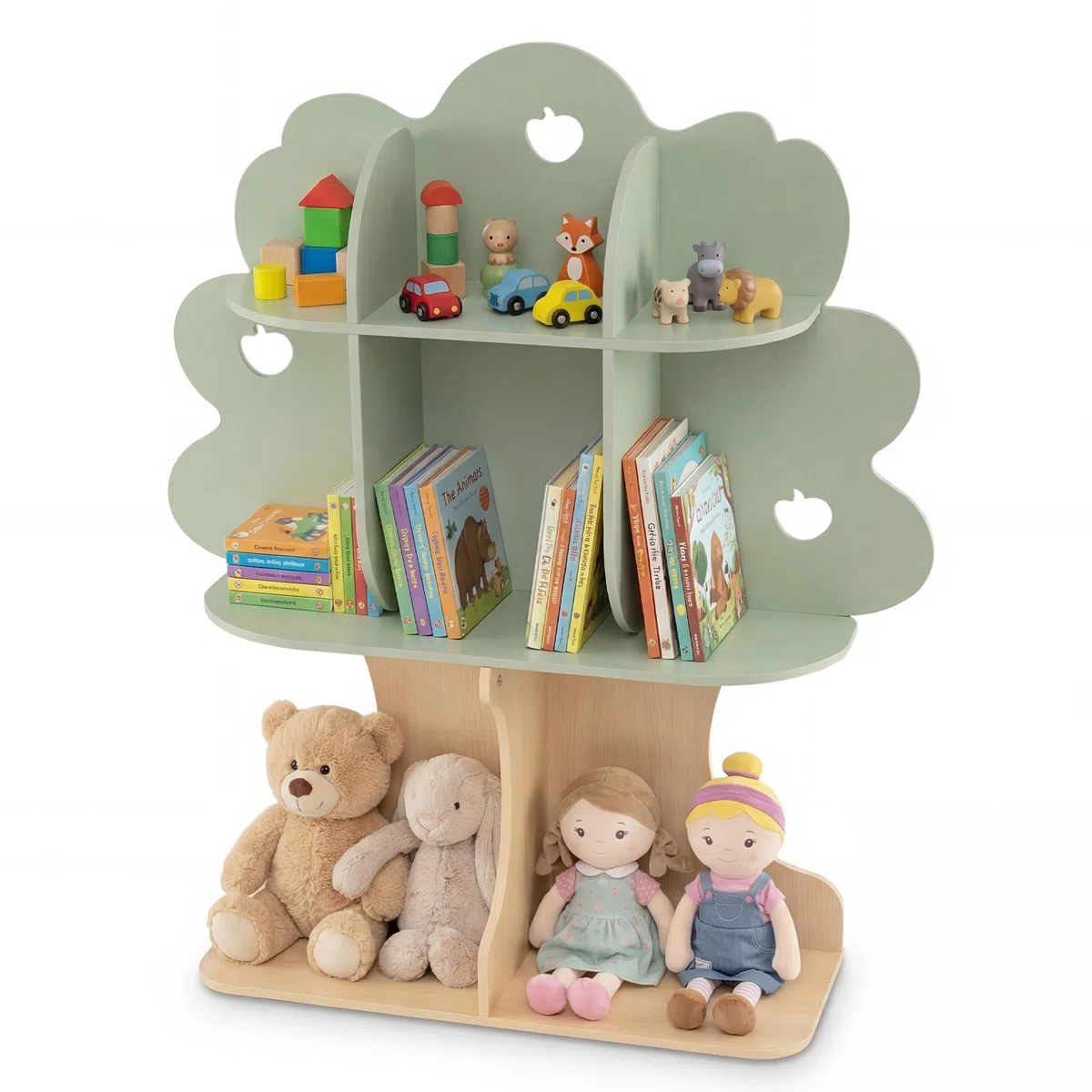 RELAX4LIFE Libreria Montessoriana per Bambini in Legno, Scaffale Portagiochi con 8 Scomparti Aperti, Organizer a Forma di Melo per Giocattoli e Libri, per Cameretta e Asilo, 97 x 28 x 114 cm, Verde