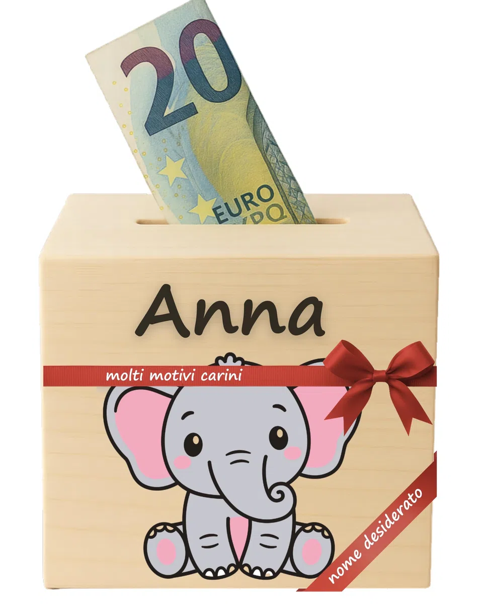 Salvadanaio In Legno Personalizzabile per Banconote E Monete, Con Il Nome Desiderato - Libro Risparmio Soldi Unico - Libretto Risparmio Soldi (Elefante)