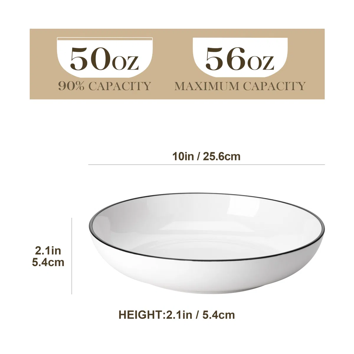 MALACASA Serie REGULAR 1680ml Piatti da Pasta in Porcellana, Piatti da Zuppa, Set di 4 Ciotole per Insalata, Bianco con Bordo Nero