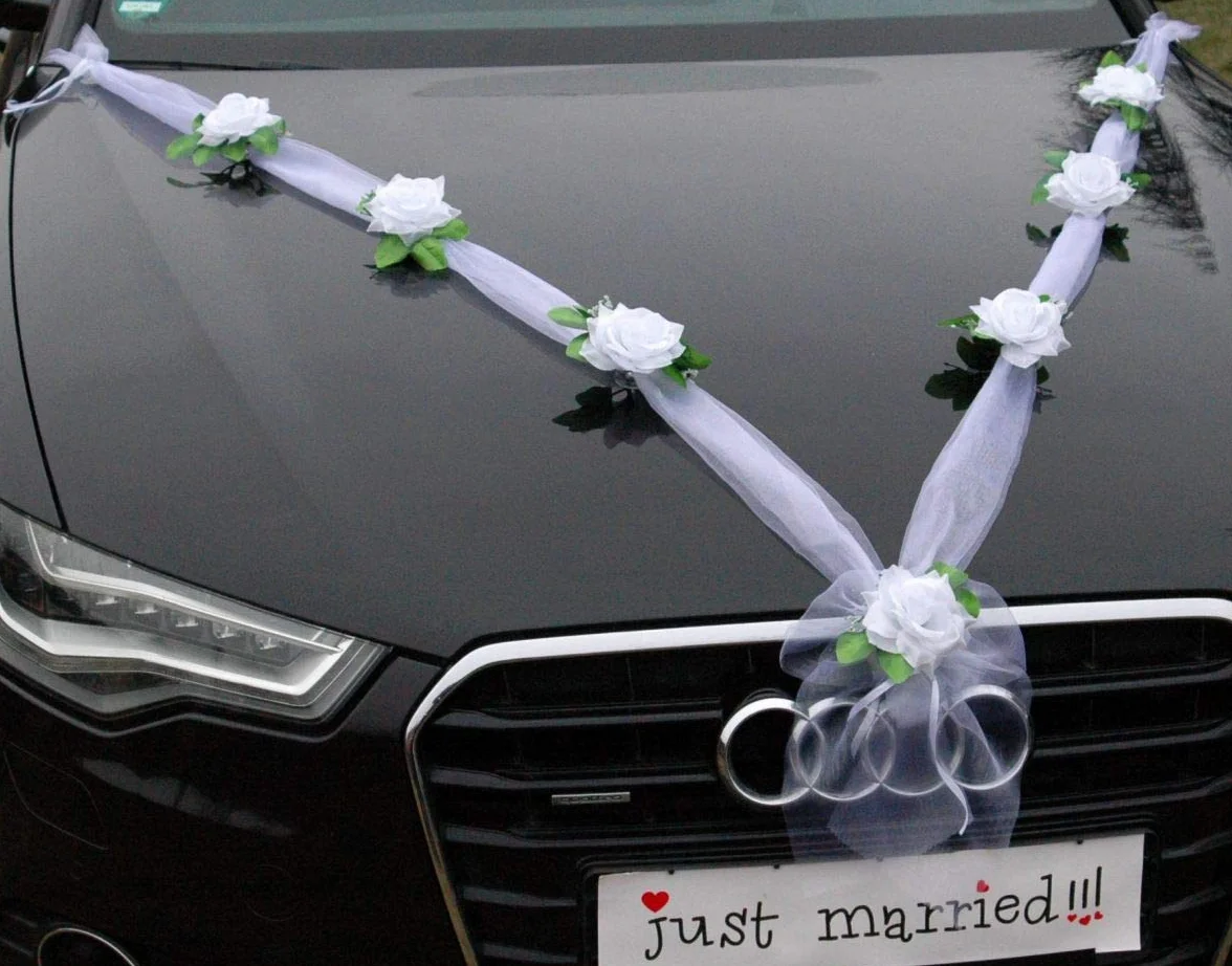 Organza M Auto Gioielli Sposa Coppia Rose Decorazione Organza M Matrimonio Car Wedding Decorazione Ghirlanda Auto (Bianco Puro/Bianco)