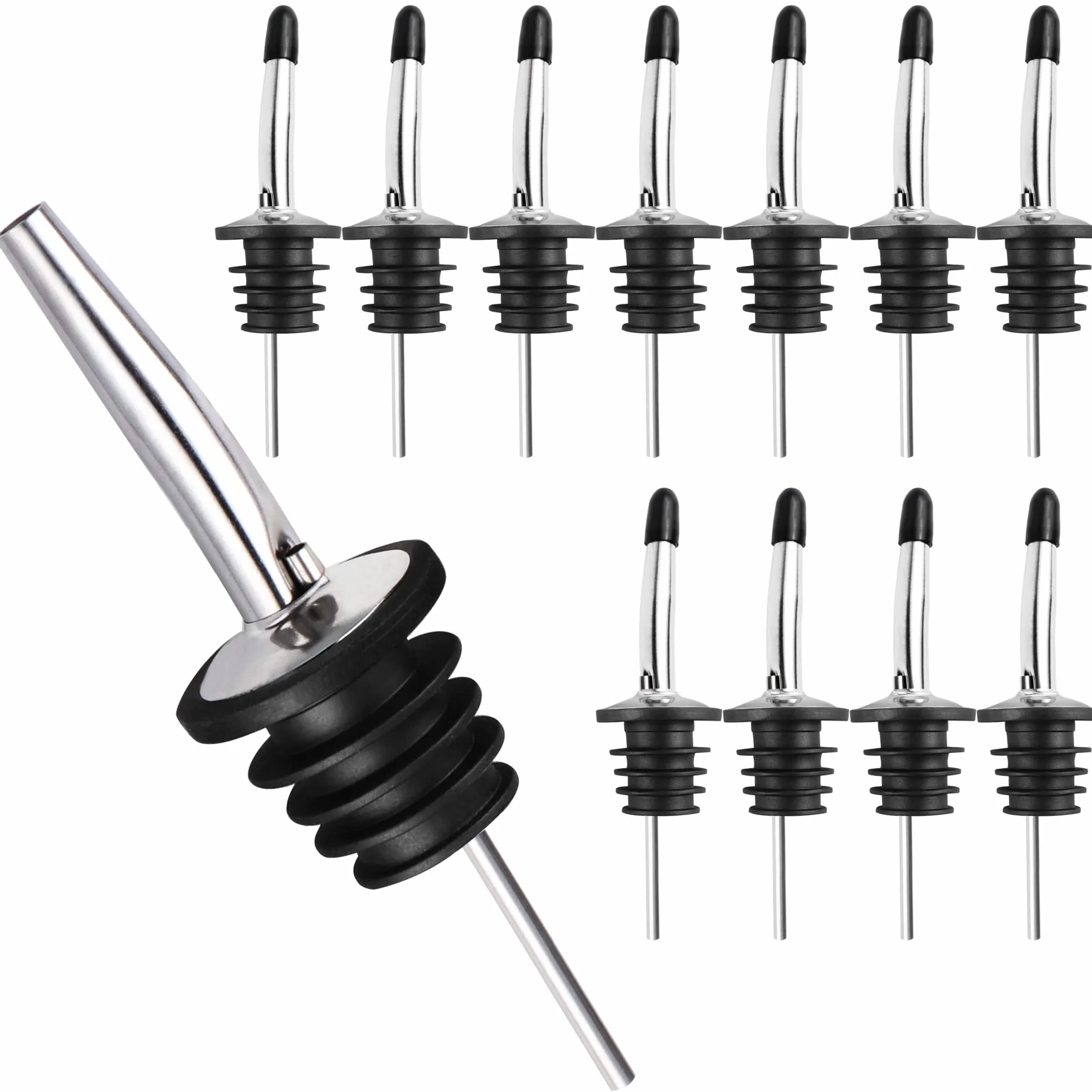 JSMTKJ 12 Pezzi Versatori in Acciaio Inox Beccuccio Conico Liquore Bottiglia Versatore Tappo Versatore Salvagoccia con Cappucci di Gomma per Cocktail Liquore Vino Olio Aceto