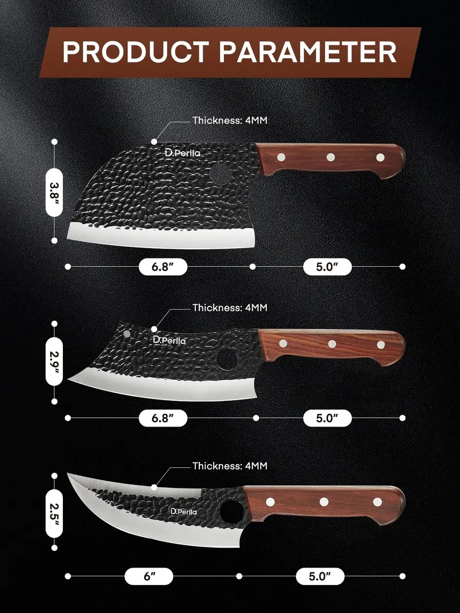 D.Perlla Set di Coltelli da Macellaio 3 Pezzi Coltello da Mannaia, Coltelli da Chef per Carne in Acciaio per Casa Cucina Campeggio All'aperto BBQ