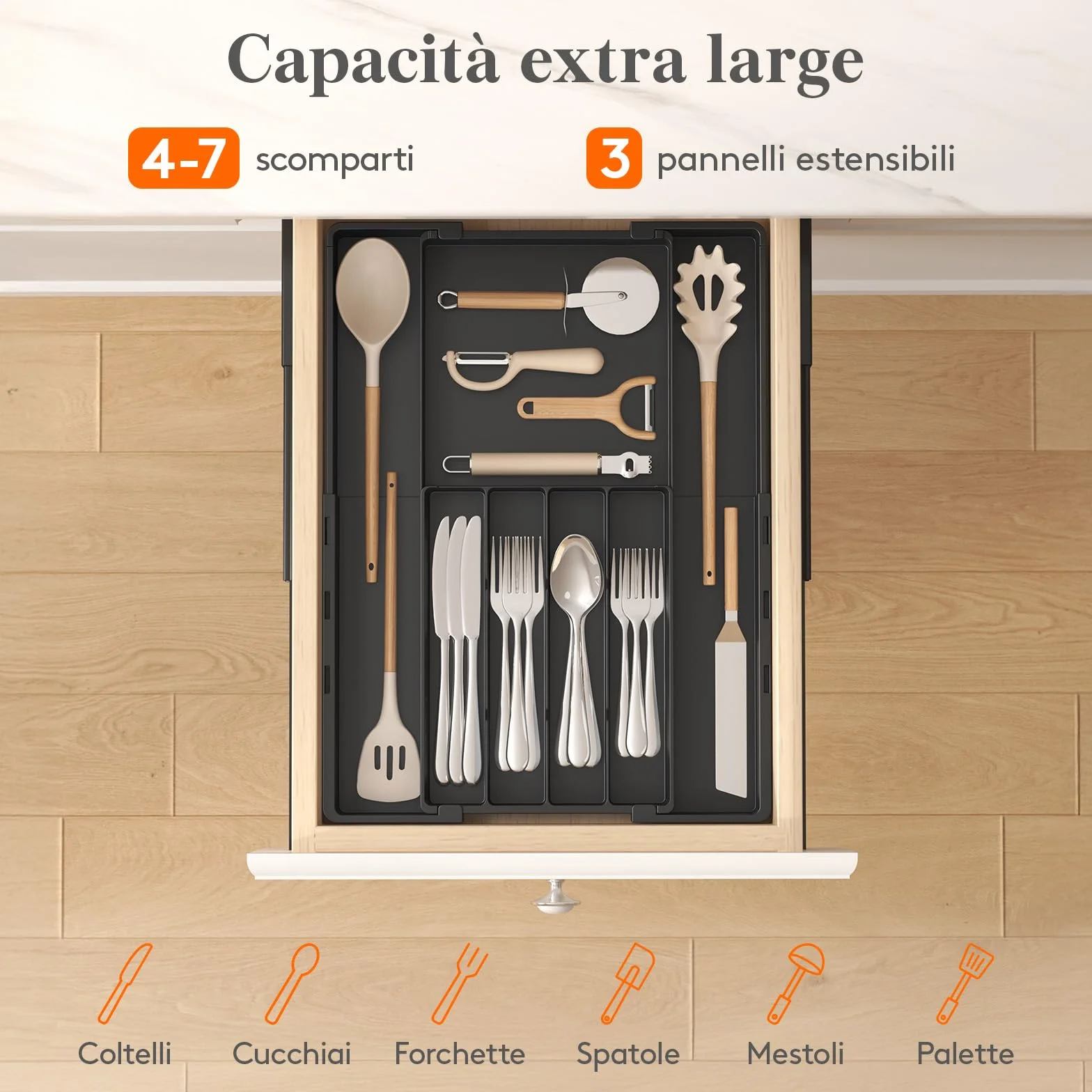 Lifewit Organizer Cassetti Cucina Regolabile, Vassoio Plastica per Utensili e Coltelli, 4-7 Scomparti, Larghezza 22,5-36 cm, Nero