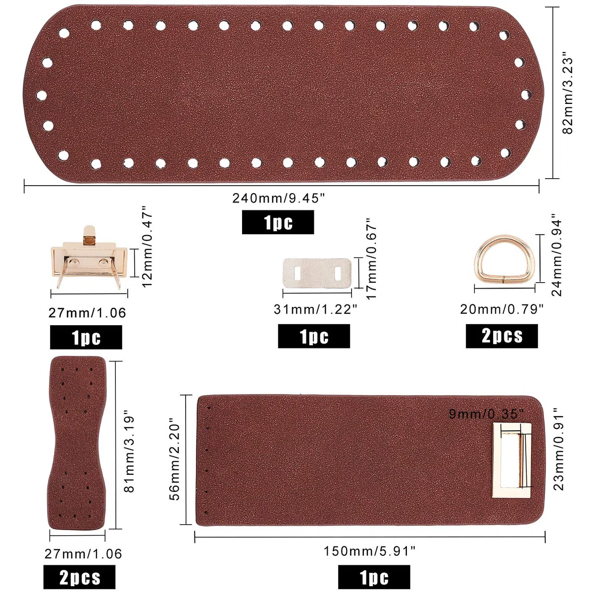 PH PandaHall Fai da Te Borsa in Pelle PU Set per Maglieria, Fondo Borsa in Pelle/Tracolla/Borsa Twist Lock/Copertura con Patta/Fibbie per Borsa, Nero (7 Tipi di Accessori), Marrone