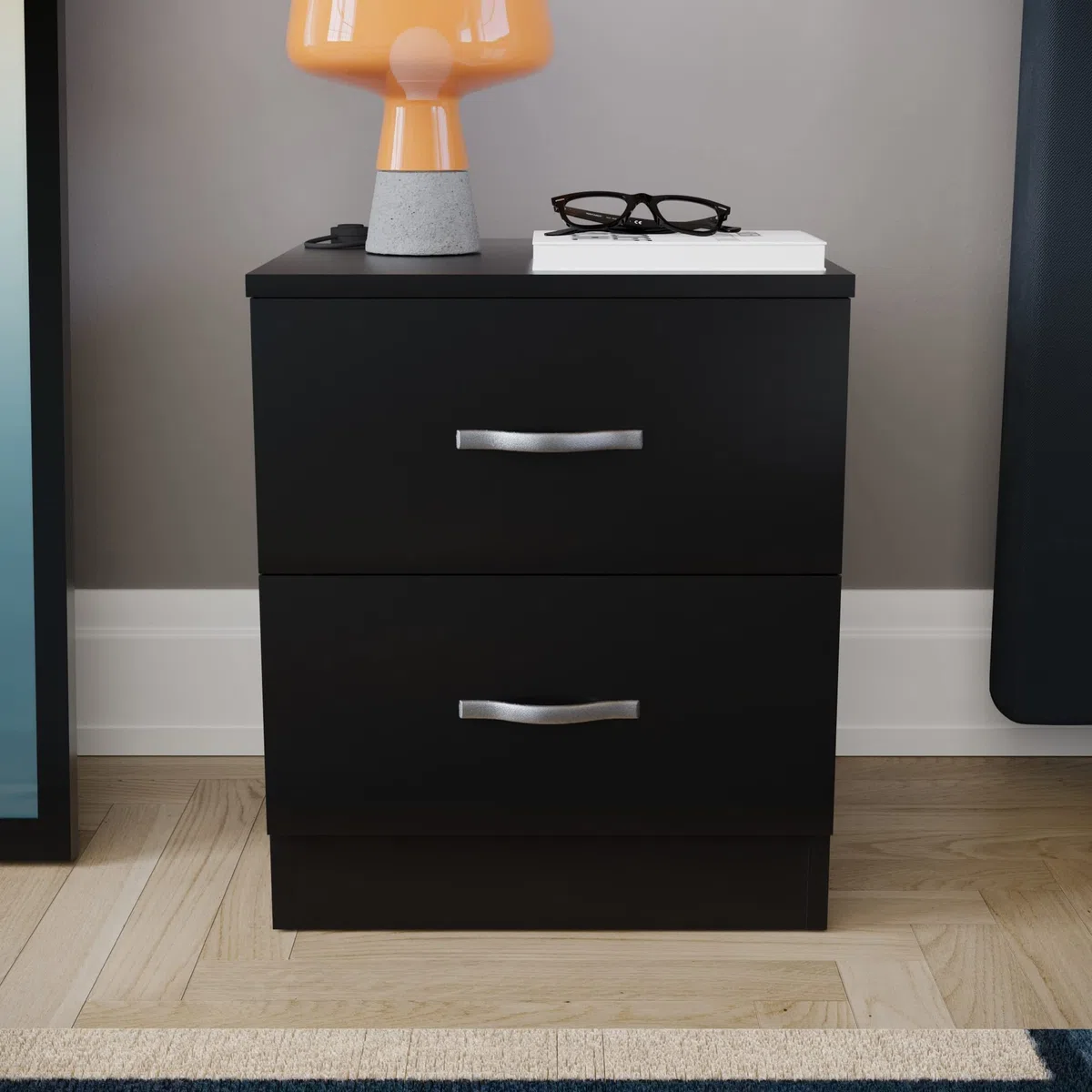 Vida Designs, Comodino con 2 cassetti, Maniglie in Metallo e Guide, Sistema Unico Anti-ribaltamento, per Camera da Letto, Colore Nero