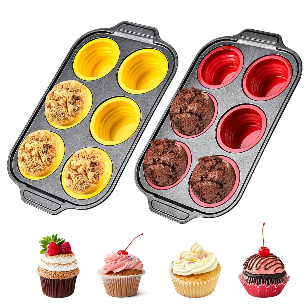 FOGARI 2 mini teglia per muffin, in acciaio al carbonio, 31 x 18 cm, rivestita, per 12 muffin, per tazze di carta, muffin (rosso e giallo)