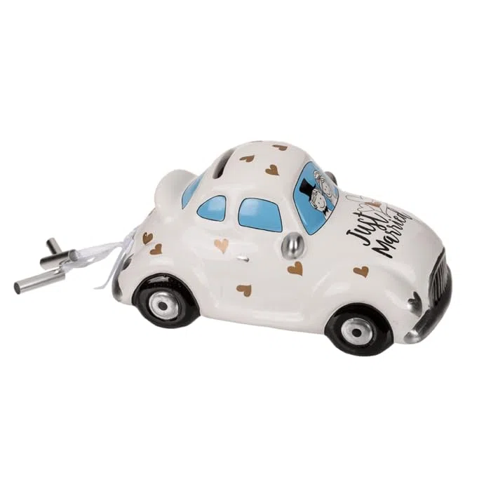 Salvadanaio auto matrimonio in ceramica. Salvadanaio Just Married con coperchio e chiave.