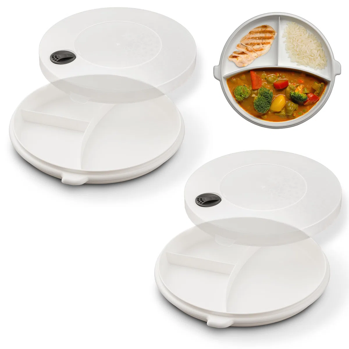 Hausfelder piatto per microonde 23,5 cm di diametro con coperchio, piatto con divisori, plastica, privo di BPA (2 pezzi ø23,5 cm)