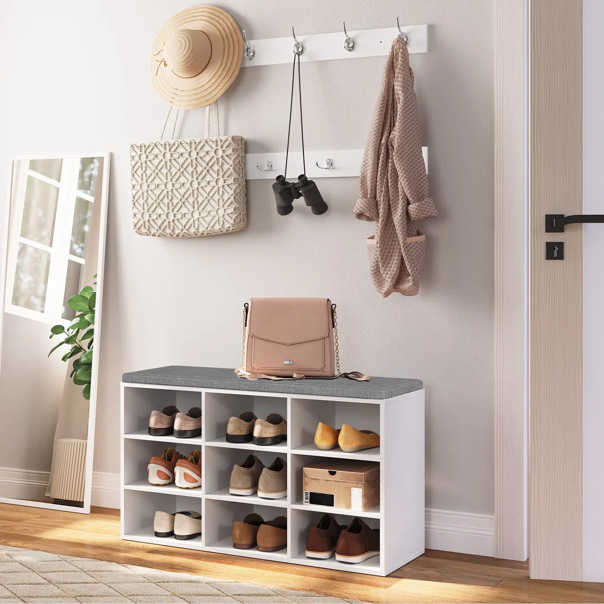 HOOBRO Panca Scarpiera, 80 x 30 x 48 cm, Panca Contenitore con Scomparti Aperti, Portaoggetti, Seduta Imbottita, Stabile, per Ingresso, Corridoio, Camera da Letto, Bianco EWT89HX01
