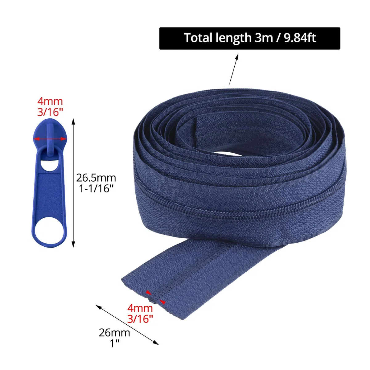 QWORK® Set di cerniere in nylon da 2.6 cm, cerniere a 10 colori con cursore e cerniera,per cucito e artigianato, 30 m totali
