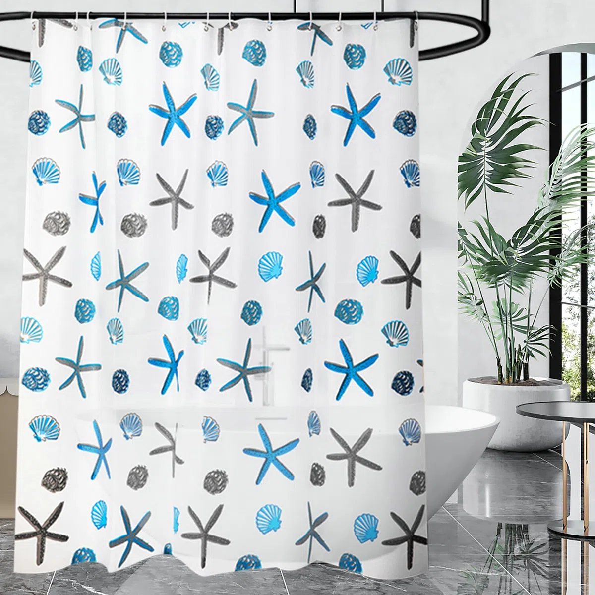 Tenda da doccia trasparente 100 x 200 cm per vasca da bagno, antimuffa, impermeabile, tenda da bagno in PEVA bianco blu con ganci