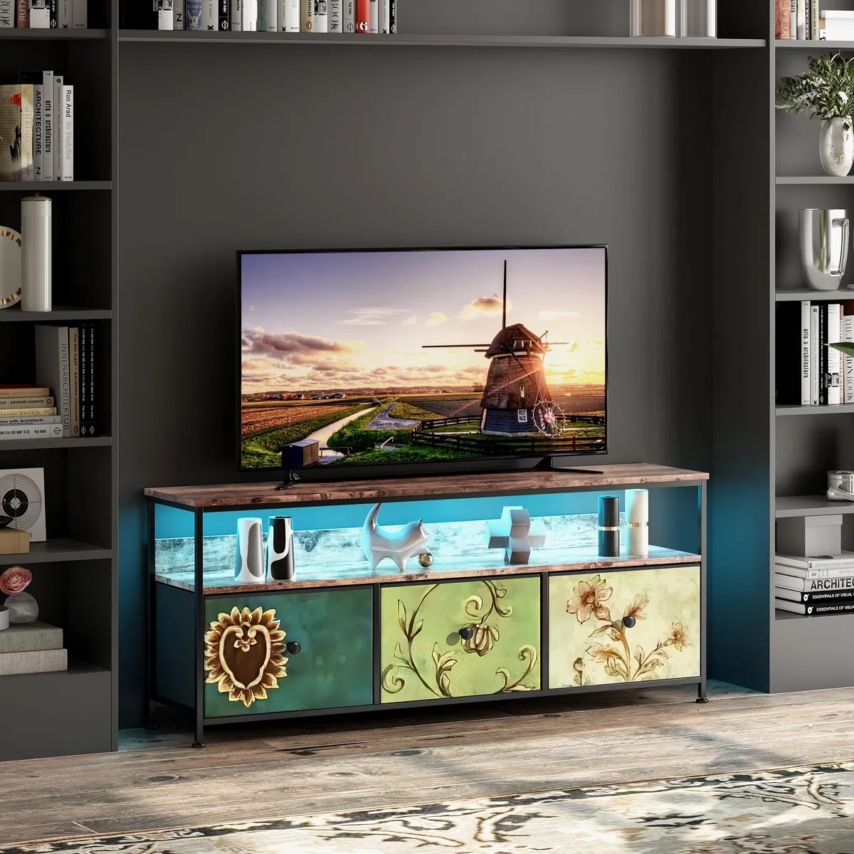 BRILVERDE Mobile per TV, con LED, 3 cassetti in tessuto, con scomparti aperti, in legno, 108 cm, per soggiorno, camera da letto, colorato (colorato)