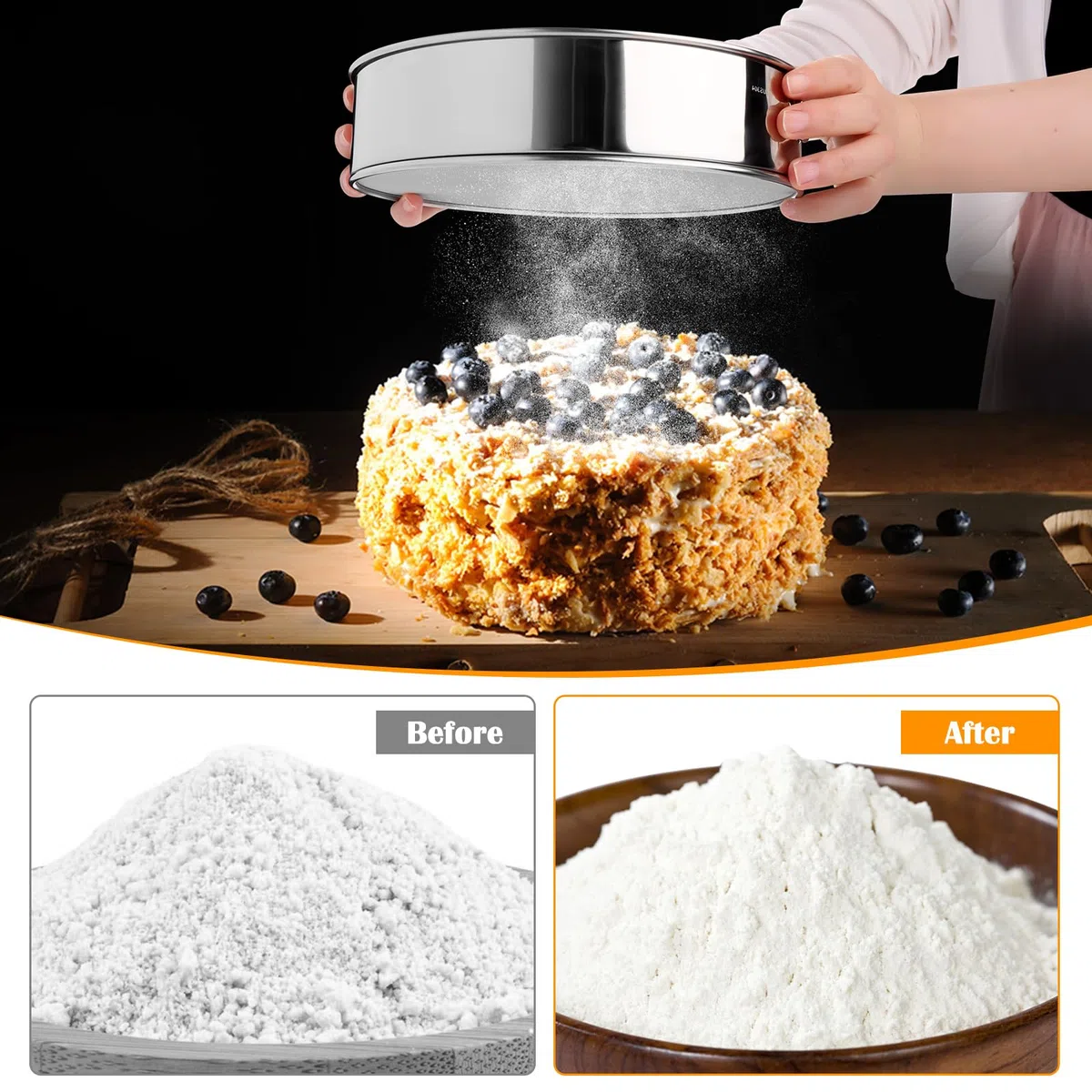 VFANDV Setaccio Farina, 15CM+20CM Rotondo in Acciaio Inossidabile Setaccio Farina, Setaccio da Cucina 60 Maglie Fine Setaccio per Farina Professionale