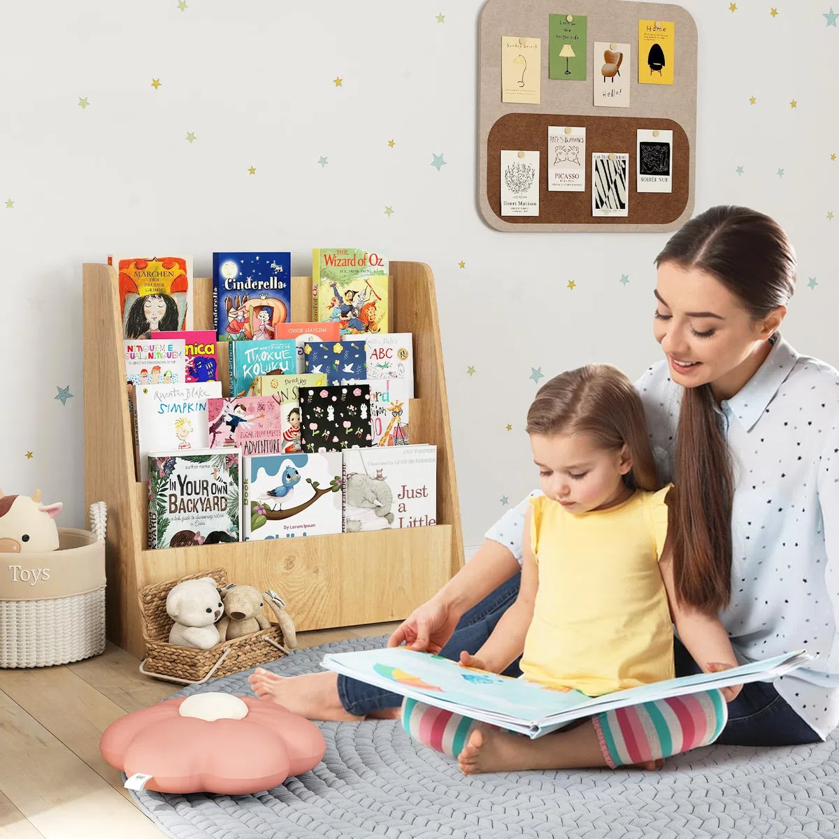 GYMAX Libreria per Bambini in Legno a 4 Ripiani, Scaffale per Libri con Ripiani Profondi, Espositore per Libri, per Cameretta dei Ragazzi, Soggiorno, Asilo Nido, 57,5 x 26,5 x 59 cm (Naturale)