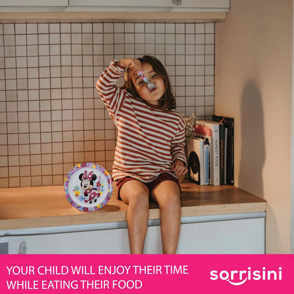 Set Stoviglie bambini, Piatti riutilizzabili per asilo, scoula, piatto, posate in acciaio inox, Set piatti in plastica dura andata per microonde, Minnie