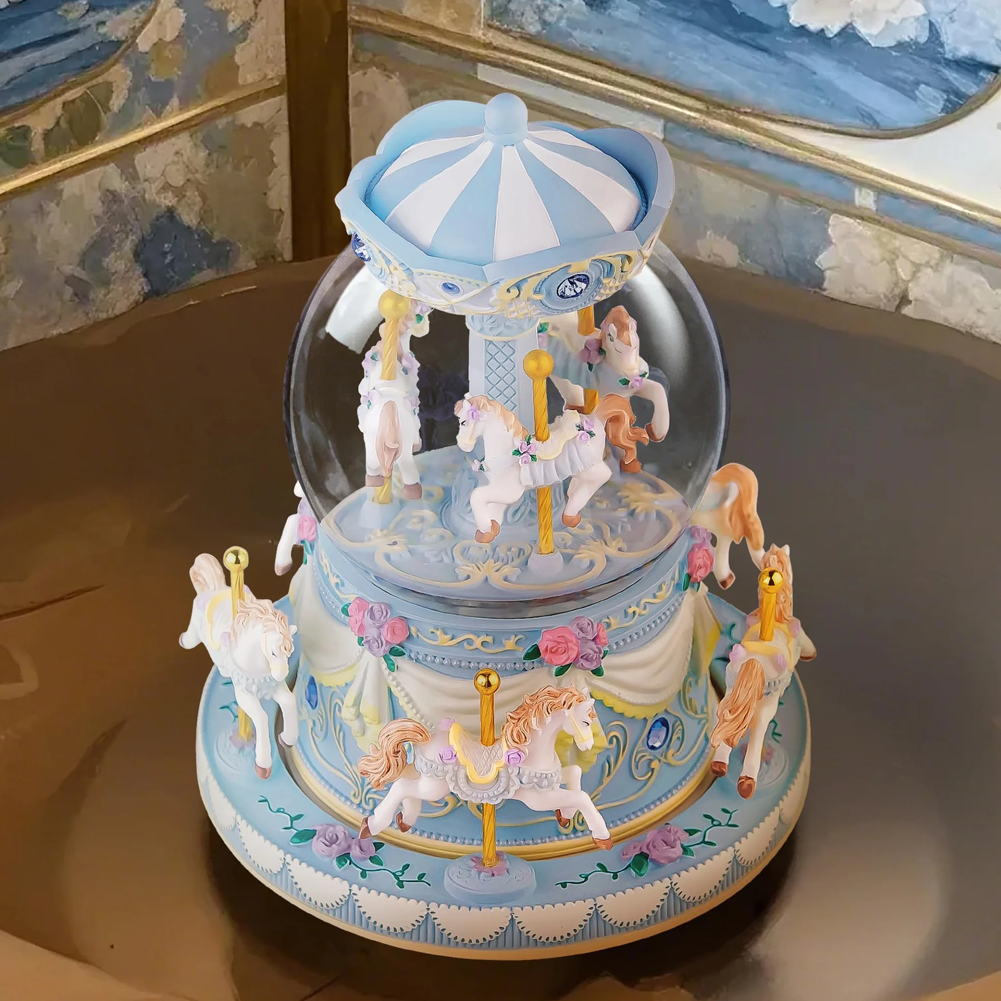 Carillon con carillon a forma di giostra, regalo di compleanno per ragazze, con carosello blu, palla di neve con cavallo, moglie, fidanzata, figlia, mamma, figlio, anniversario, festa della mamma, con