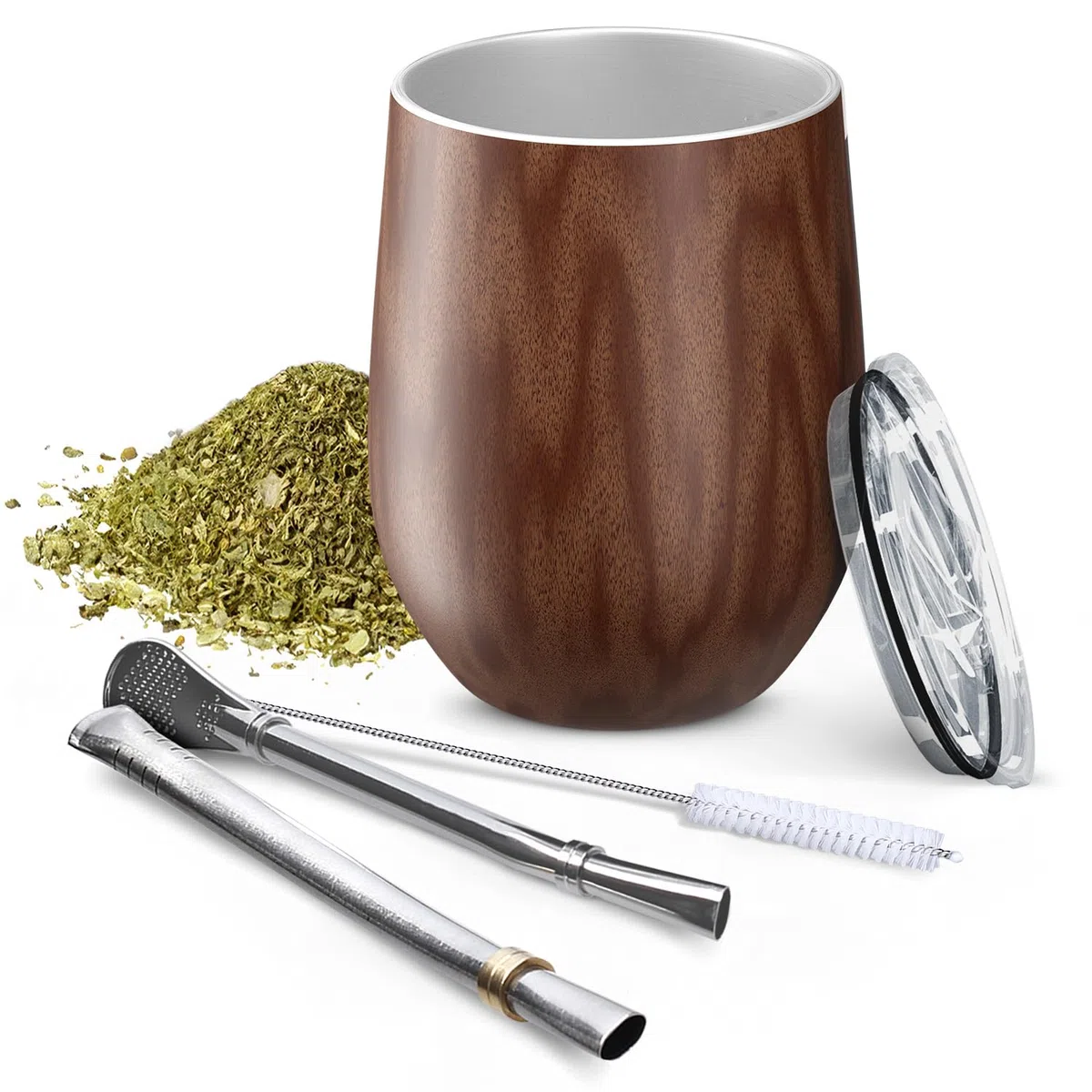 Aquafloow Tazza Yerba Mate a Doppia Parete 350 ml, Mate Argentino + 2 Pezzi Cannucce in Acciaio | Coperchio senza BPA, Set da Tè in Acciaio Inox per Yerba, Mate – Marrone