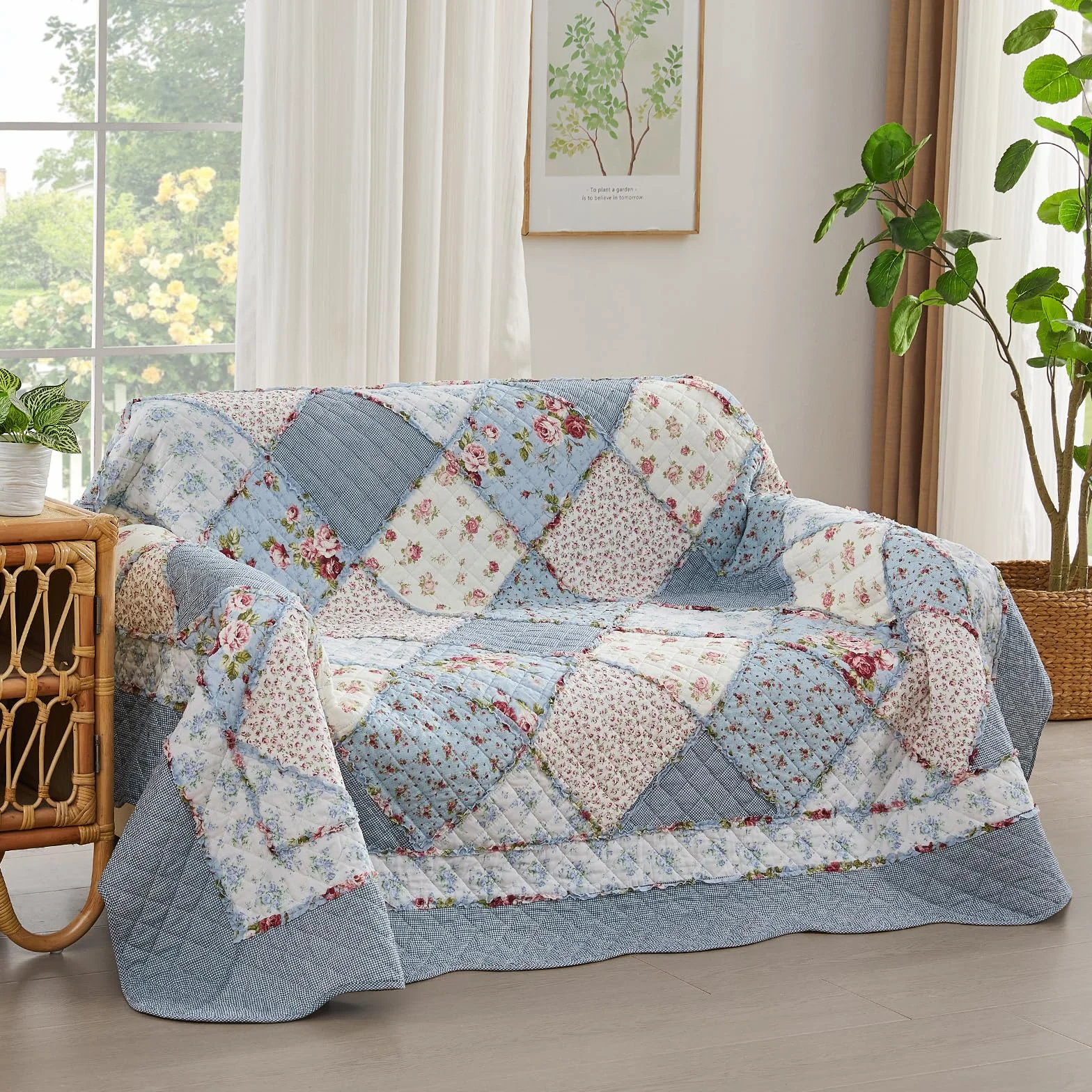 Qucover Patchwork Copriletto, Trapuntato Singolo 150x200 cm,Trapuntino per Primaverile Estivo Coperta in Cotone Shabby chic Stile Country Blu Floreale