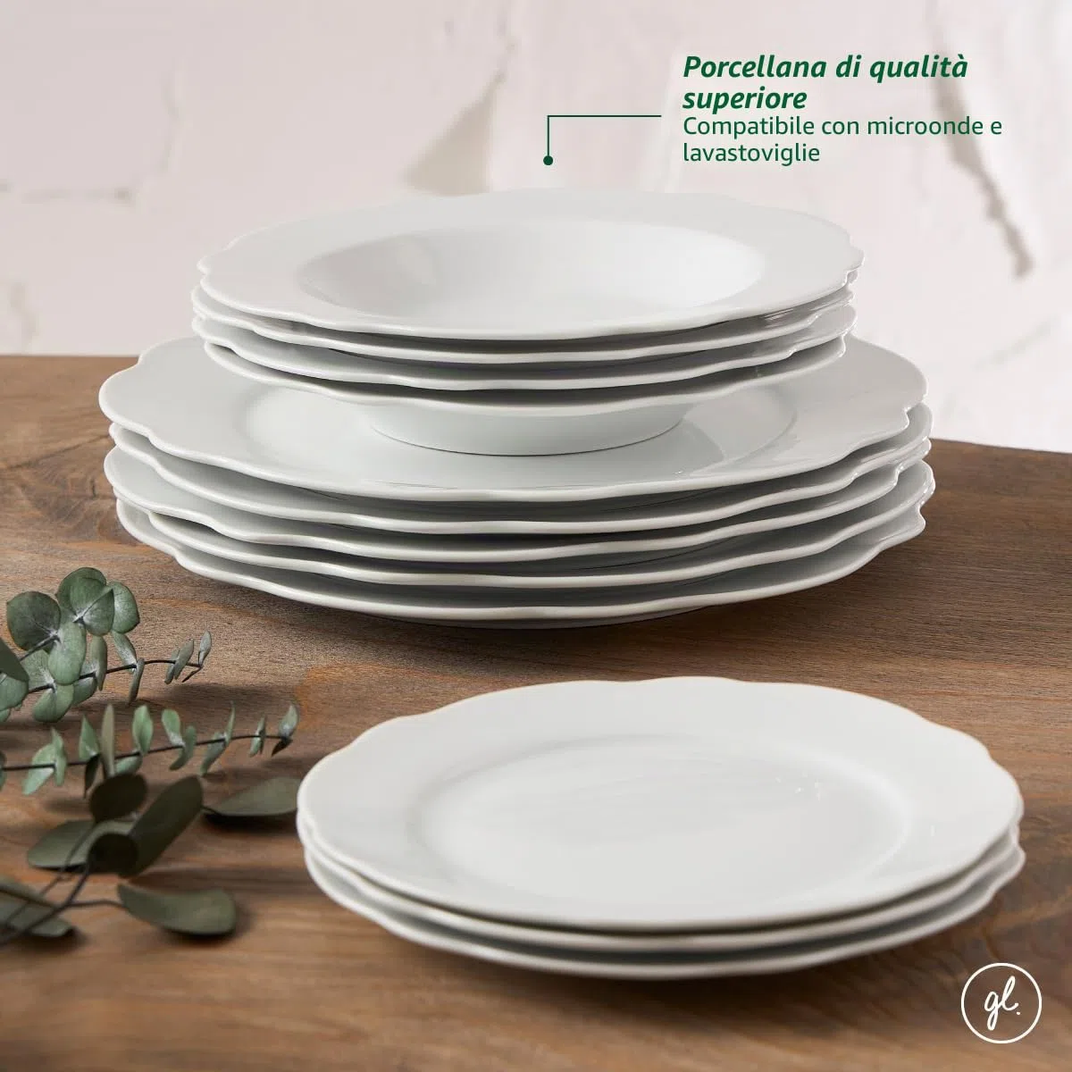 Geneviève Lethu 545865 - Servizio da tavola in porcellana bianca, 18 pezzi, per 6 persone, piatti piani, piatti fondi, piatti da dessert, collezione Vienna alla forma smerlata