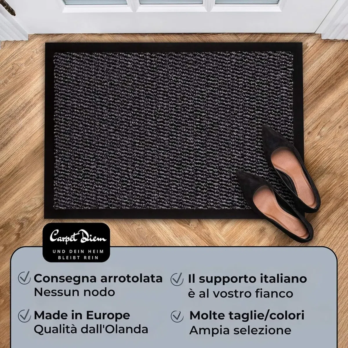 Carpet Diem Zerbino 40 x 60 cm - Tappeto ingresso antisporco - Interno ed Zerbino da Esterno, Tappetino antiscivolo per Porta, Tappeto antisporco per Porta d Ingresso - Nero-antracite