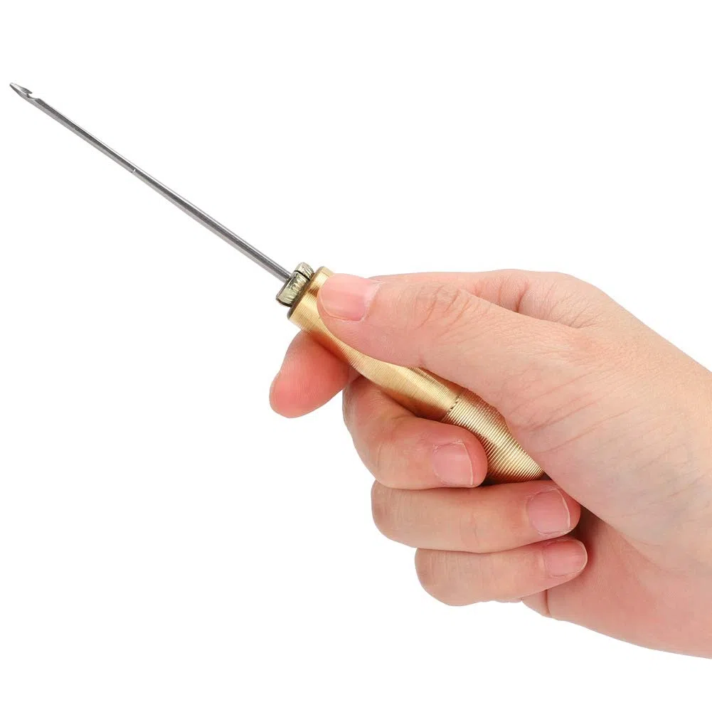 Ago per Scarpe da Cucire Aghi da Piercing Ricami in Pelle Calzolaio a Mano Punteruolo 2 Set Manico in Rame Punteruolo da Cucito Taper Strumento per la Riparazione di Scarpe da
