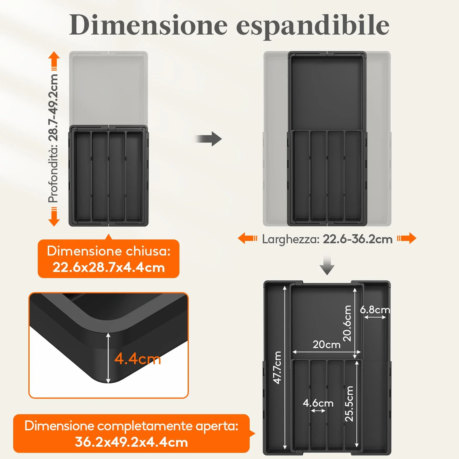 Lifewit Organizer Cassetti Cucina Regolabile, Vassoio Plastica per Utensili e Coltelli, 4-7 Scomparti, Larghezza 22,5-36 cm, Nero
