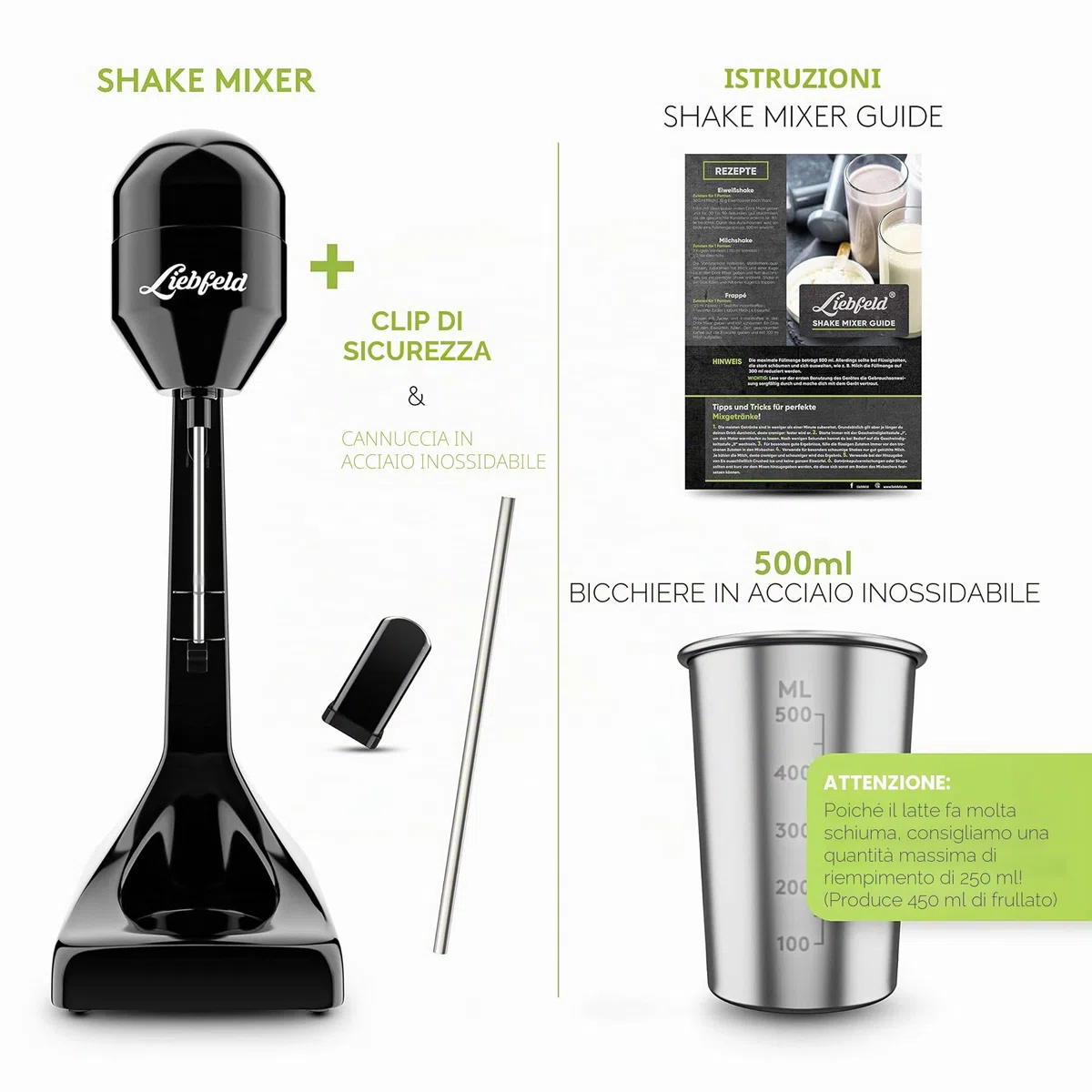 Liebfeld Shaker proteico elettrico – Frullatore a immersione con tazza in acciaio inox da 500 ml, frullato proteico e latte shake, fitness, bianco d'uovo, frullatore frappe, frullatore per frullati