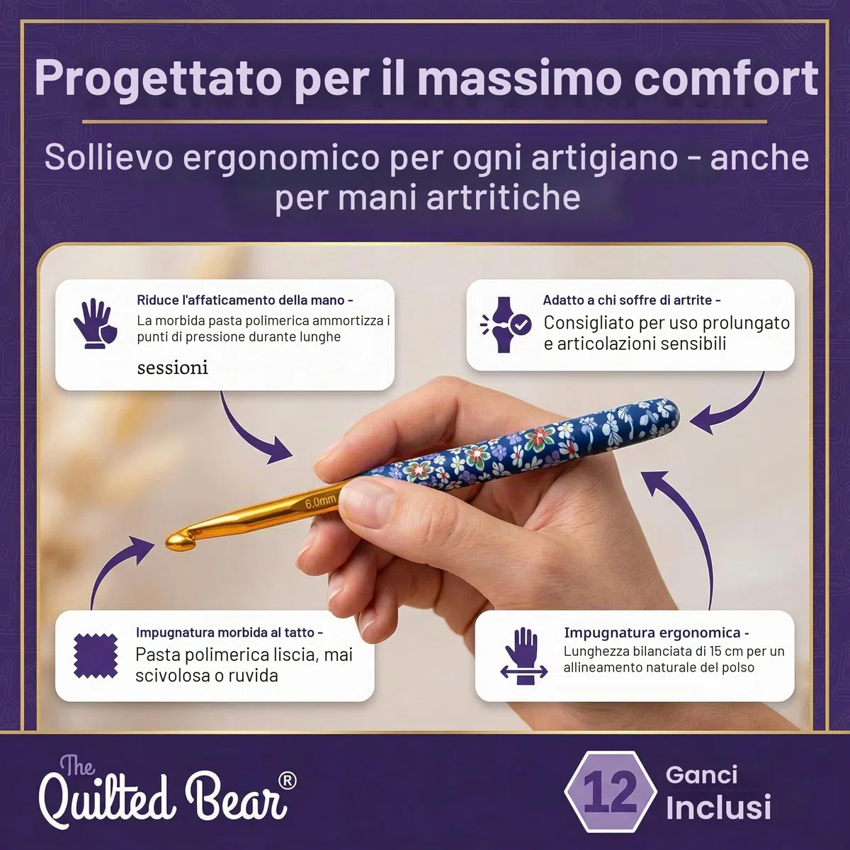 The Quilted Bear Uncinetti Set da 12 - Kit Uncinetti Ergonomici - Presa Morbida in Argilla Polimerica - Uncinetto Principianti e Professionisti - Motivo Floreale Colorato (Misura da 2 mm a 8 mm)