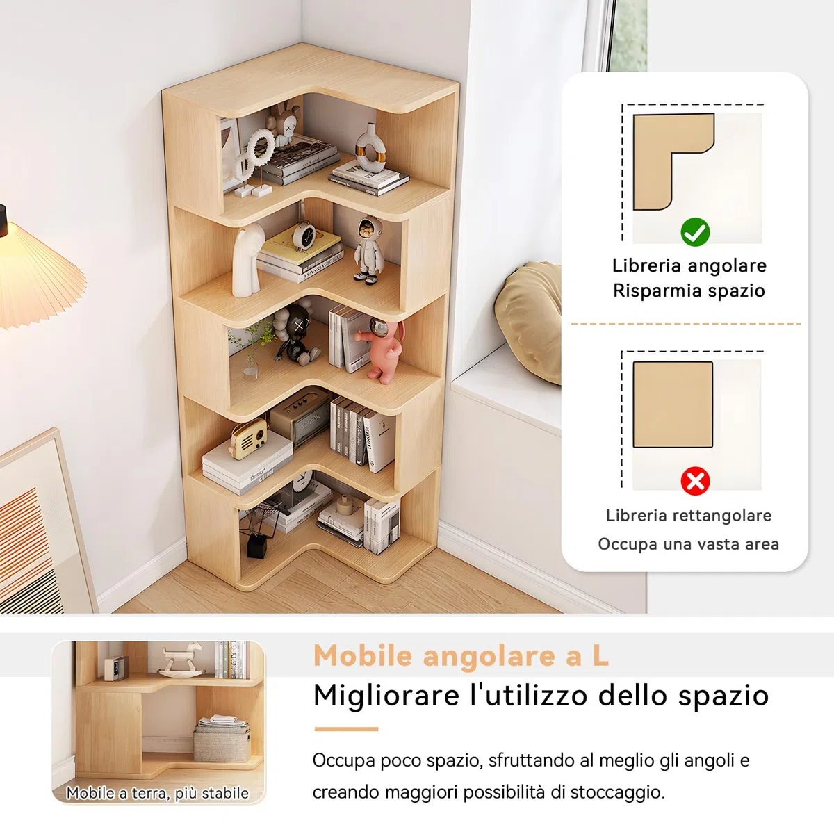3 livelli Libreria Angolare, Libreria d'angolo, Legno libreria a L, Libreria da Parete, Risparmia Spazio, Scaffale Angolare per soggiorno, camera da letto, ufficio, studio, Colore del Legno