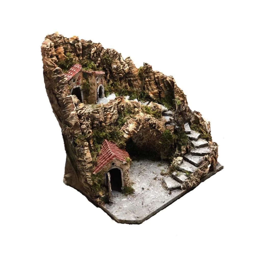 Presepe Completo illuminato natalizio con capanna e grotta per statuine artigianali, 38x38x38 cm