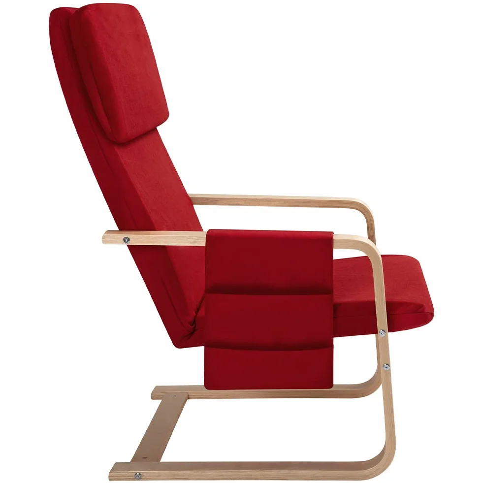 BAKAJI Sedia a Dondolo in Legno di Betulla con Rivestimento in Cotone Imbottito in Spugna Altissima Densità, Poltrona Oscillante Relax con Borsa a 2 Scomparti e Cuscino, Seduta Ergonomica (Rosso)