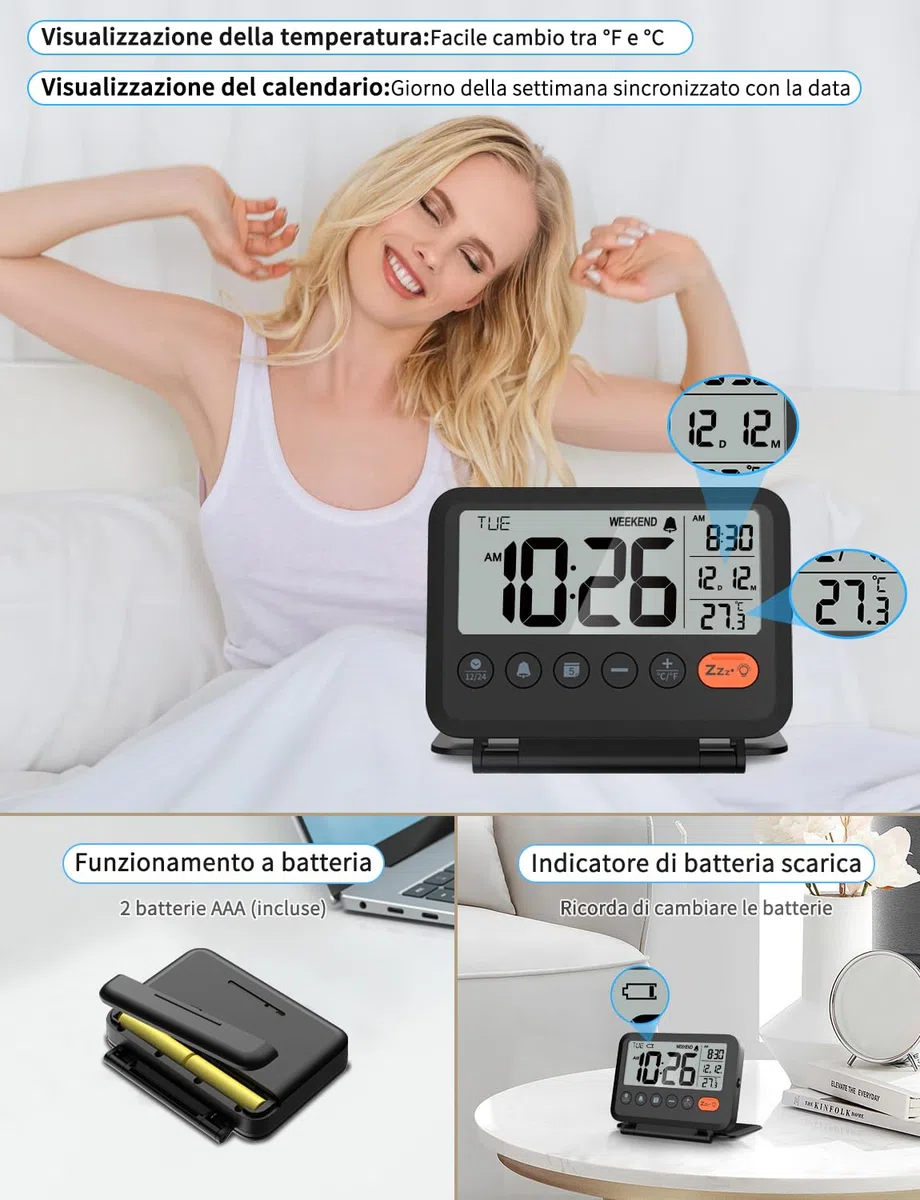 Sveglia digitale da viaggio: Piccola sveglia LCD con temperatura, 12/24 ore, modalità weekend e 2 volumi, ideale per la camera da letto e l'ufficio (batteria inclusa)