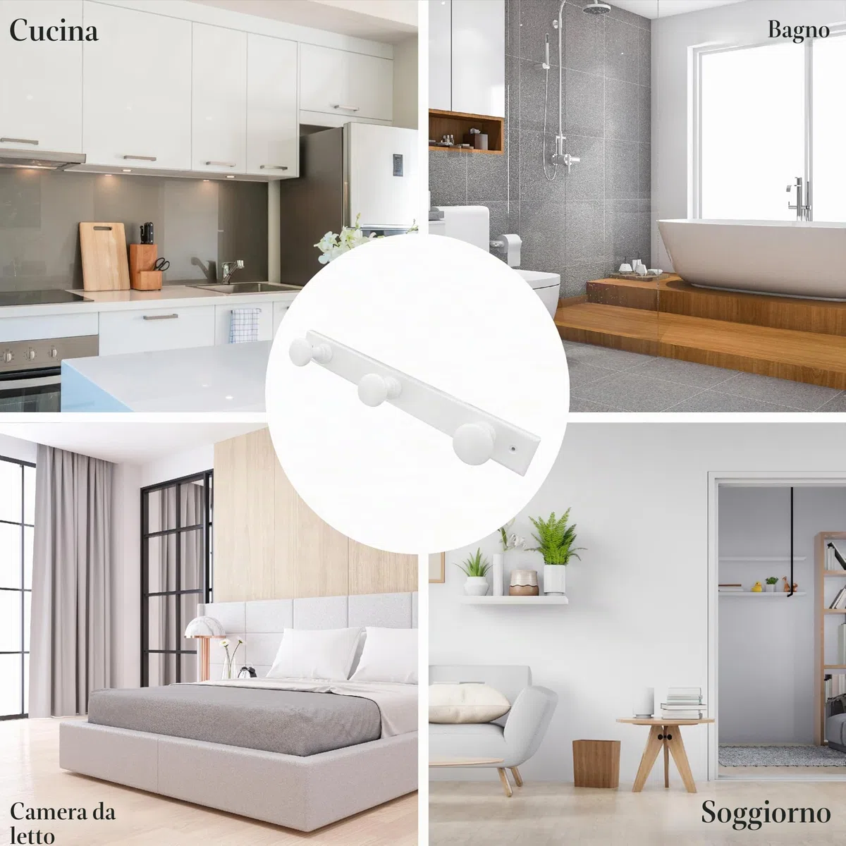 Appendiabiti da Parete Bianco in Legno - 3 Ganci di Design Nordico per Ingresso, Camera da Letto, Soggiorno, Bambini