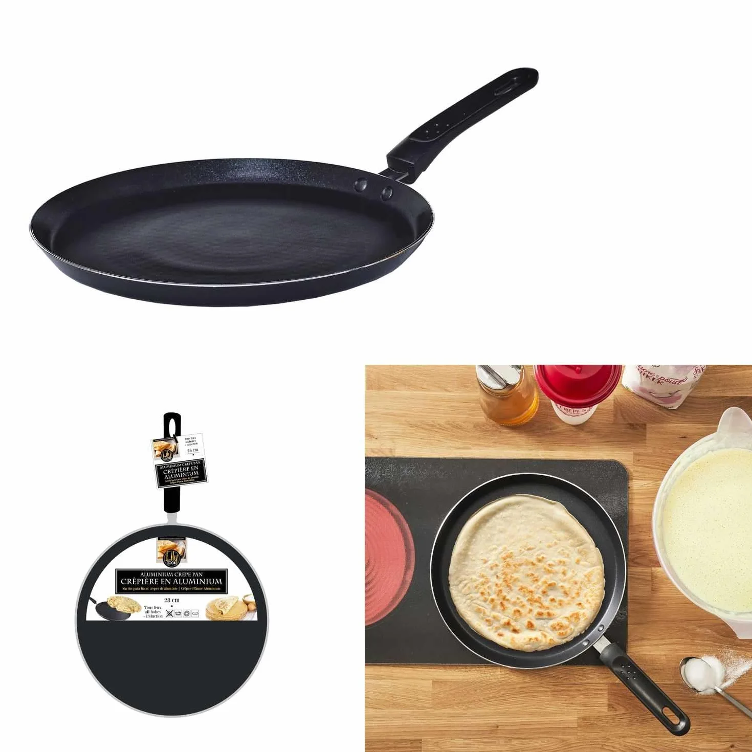 Lily Cook, KC2611, Crepiera D28 cm in Alluminio, Ideale per Crepes, Pancake e frittate Rivestimento Antiaderente per Una Facile Pulizia Design Moderno, Colore Nero