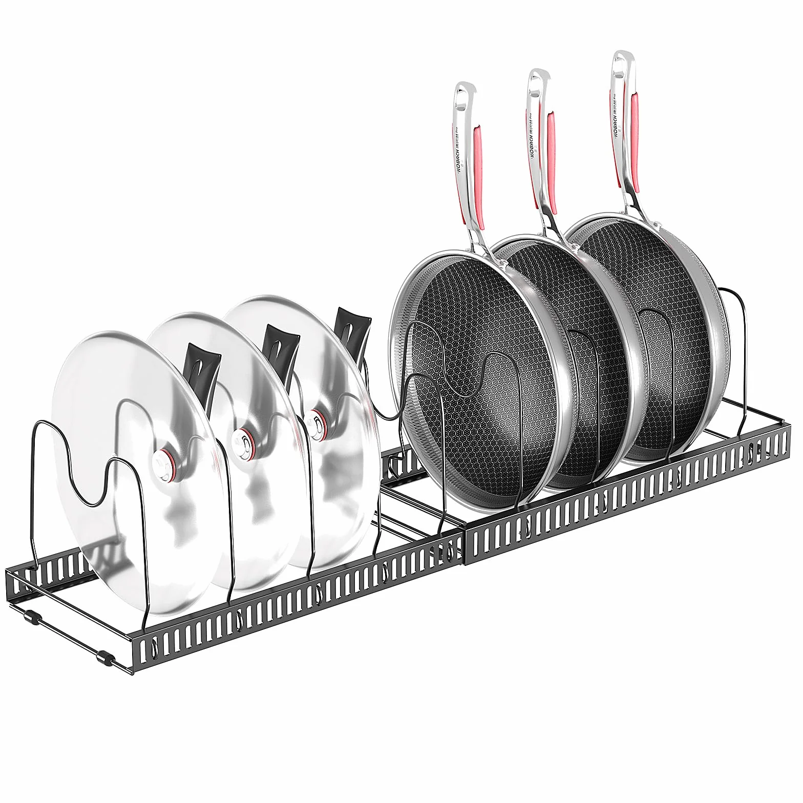 Zanfqvo Porta Coperchi Pentole, Organizer Padelle con 10 Scomparti Regolabili, Porta Padelle Salvaspazio, Portacoperchi Allungabile, Contenitore da Cucina per padelle, coperchi e Piatti